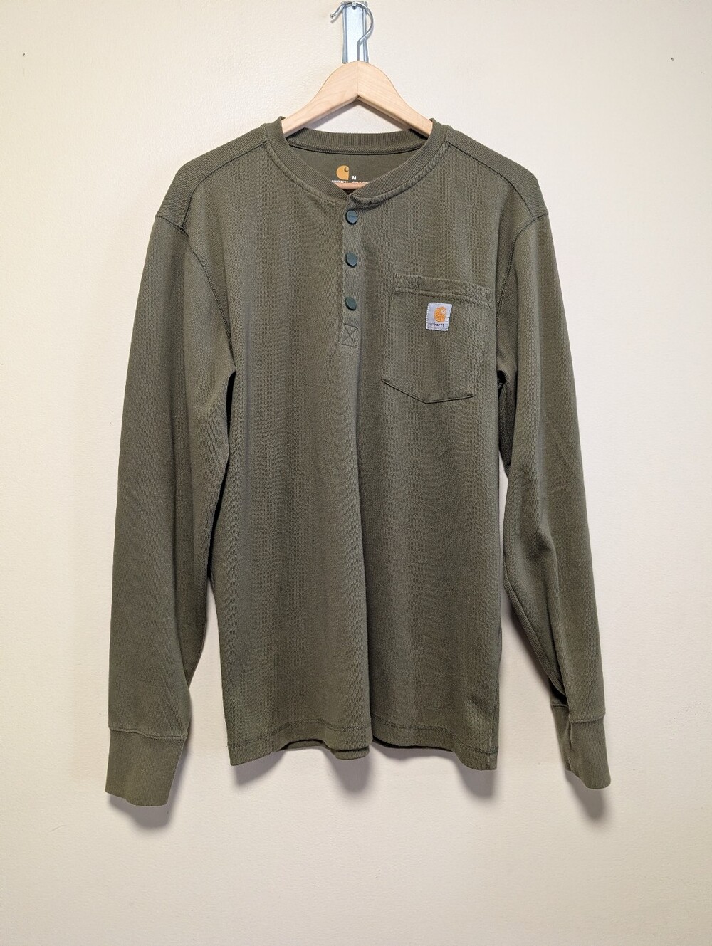 Carhartt Relaxed Fit Waffle Knit Henley Pocket Shirt Olive M